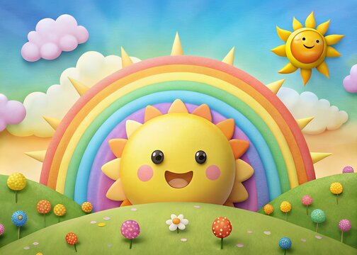 Joyful cartoon sun and rainbow over a grassy hillside