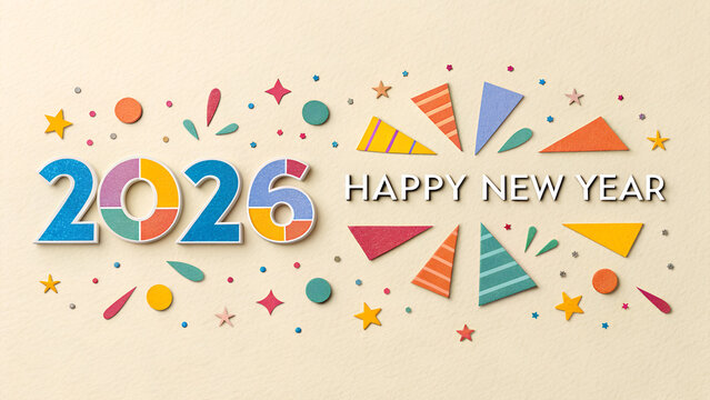2026 Happy New Year celebration with colorful decorations and text - Powered by Adobe