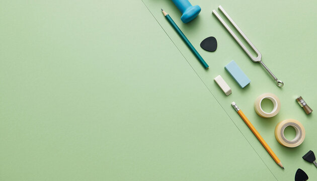 Crafting and music concept with tuning fork, tape, pencils, erasers arranged on flat lay for creative projects