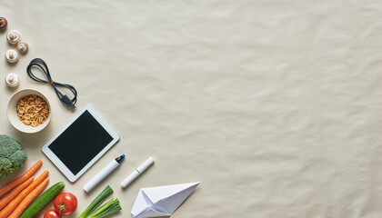 Healthy food and digital tech create balanced lifestyle for modern health conscious individuals