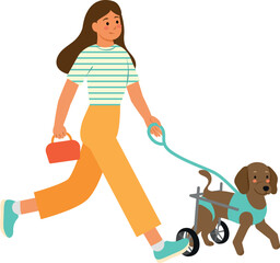 Mujer pasear perro con silla de ruedas ilustración