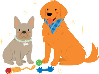 perro sentado con juguete pelota hueso ilustración