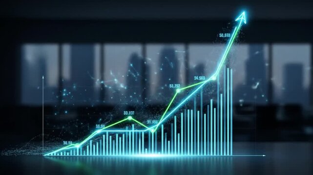 Animated stock market graph visualizing exponential financial growth and investment, economic