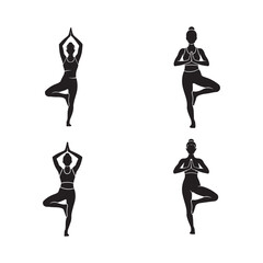 Four black yoga poses tree pose silhouette vrikshasana