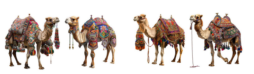 A group of five ornately decorated camels standing together in a line isolated on transparent background
