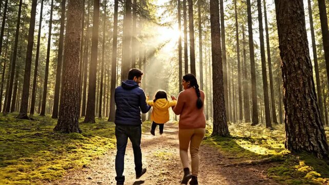 A joyful family strolls through a sunlit forest, surrounded by tall trees. They share laughter and love as they create beautiful memories together. Nature shines with golden rays.