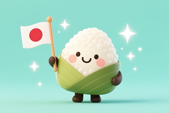 Cute 3d smiling onigiri character holding a small japanese flag, embodying cultural pride, traditional food, and kawaii aesthetics with sparkling background.
