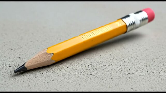 Close-up of a yellow pencil with a pink eraser on a gray surface.