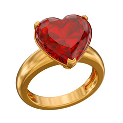 Luxurious Gold Ring with a Large, Faceted Red Heart Gemstone, Representing Commitment, Elegance, and Passionate, Enduring Love