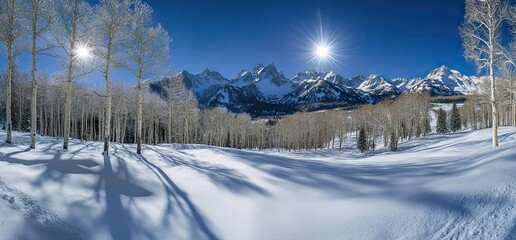 A panoramic view of snow-covered mountains and forests under the bright blue sky, creating an enchanting winter landscape