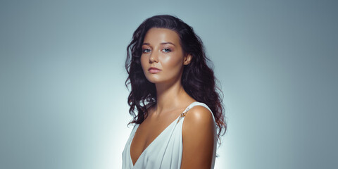 Fototapeta premium Sensual Portrait Of Elegant Woman In White Greek-Inspired Fashion Dress