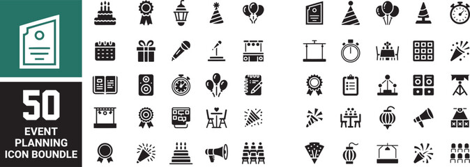 Collection of 50 event planning icons in a dark minimalist style set.