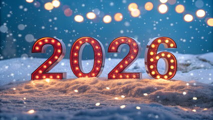 Illuminated 2026 numbers in snow with festive bokeh lights  