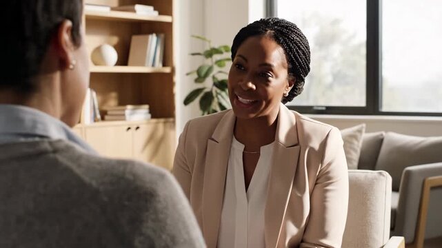 In a modern office filled with natural light, two professionals share a warm exchange. Their smiles and attentiveness create a supportive atmosphere for discussion and collaboration.