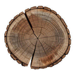 Cross section of tree trunk showing growth rings isolated with clipping path for easy removal against transparent background