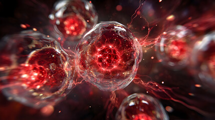 Futuristic scientific visualization of glowing atomic particles in motion