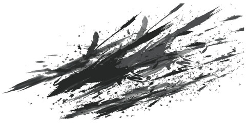 Abstract black ink dynamic splatter artistic design element white isolated on white background