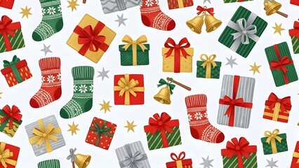 Festive christmas pattern with gift boxes stockings bells and stars on a white background