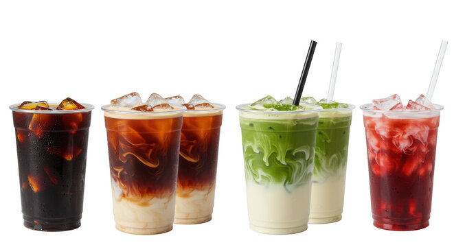 six hyper-realistic layered iced tea beverages with swirling cold foam, frosty ice, and straws, isolated on a transparent cyclorama background. concept for beverage advertising display