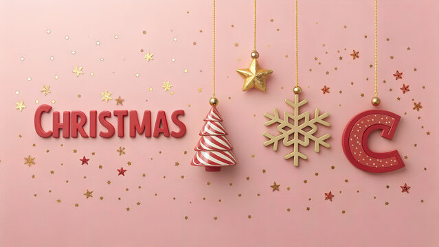 Christmas decorations with stars and snowflakes on pink background  