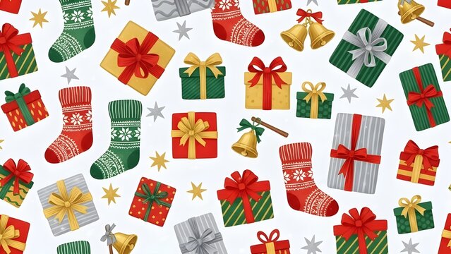 Festive christmas pattern with gift boxes stockings bells and stars on a white background