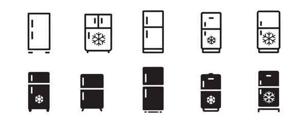 Modern refrigerator icon set perfect for appliance design, home improvement branding, or sustainable living concepts with a minimalist aesthetic