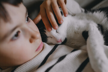 Child Caresses Cat With Tenderness, Young Boy Gently Strokes Cat Nose Showing Mutual Trust And Care