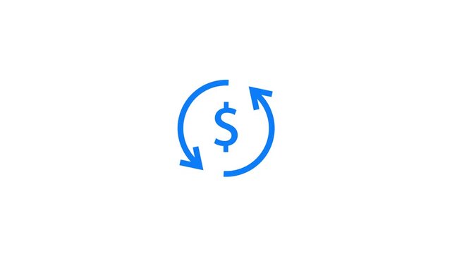 Blue dollar sign icon with circular arrows indicating exchange transaction or recurring payment on a white background