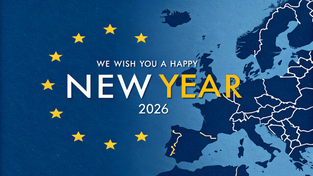 New Year 2026 greetings card with European map and stars   - Powered by Adobe