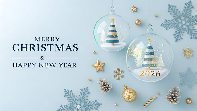 Christmas decorations featuring snowflakes and ornaments on blue background