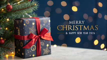 Christmas gift wrapped with red ribbon beside decorated tree