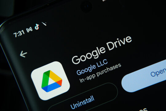 Dhaka, Bangladesh- 27 July 2025: Screen displaying Google Drive app with open and uninstall options, dark interface