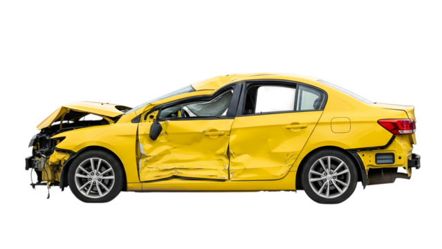 Damaged yellow sedan car with crumpled front hood and side doors isolated on a transparent background