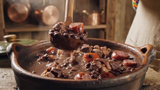 Traditional Feijoada Being Ladled in Rustic Kitchen - A steaming pot of hearty feijoada, a Brazilian black bean stew with various meats, is being stirred with a wooden ladle in a rustic kitchen.