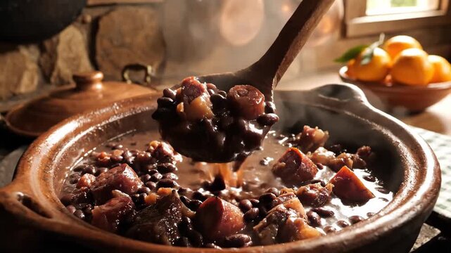Delicious Feijoada in Rustic Kitchen - A hearty feijoada simmers in a rustic clay pot, being stirred with a wooden ladle.