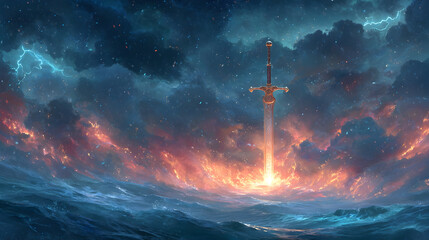 Legendary sword erupting from stormy sea with fiery sky in epic fantasy scene