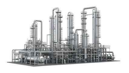 Detailed 3 D rendering of a complex industrial refinery plant with multiple towers and piping isolated on a transparent background