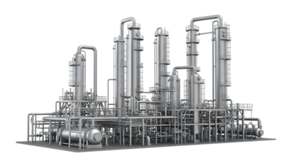 Detailed 3 D rendering of a complex industrial refinery plant with multiple towers and piping isolated on a transparent background