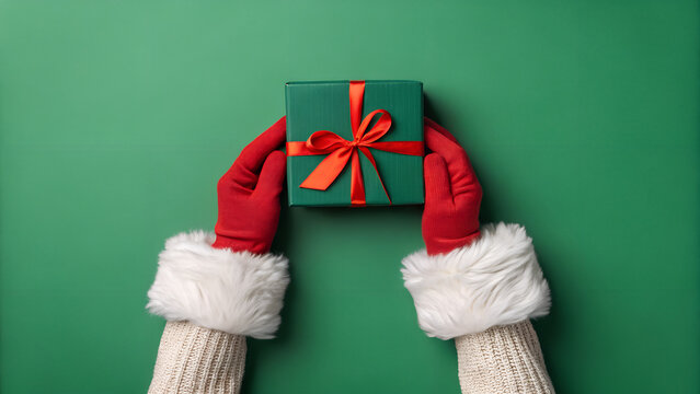 Hands in red mittens holding a green gift box with ribbon