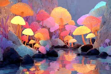 Dreamy forest pathway lined with bright mushrooms high resolution photo