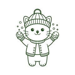 Cute Winter Cat Line Art Vector