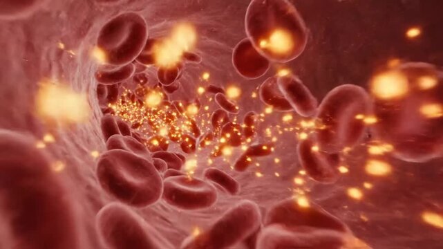 Bloodstream with Orange Cortisol - This video shows a microscopic view inside a blood vessel, where red blood cells and orange cortisol pulses are present.
