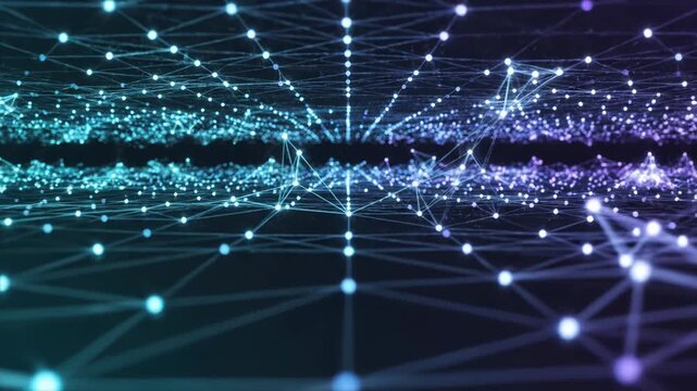 Abstract digital network connection of glowing blue and purple nodes and lines in a dark futuristic cyberspace environment