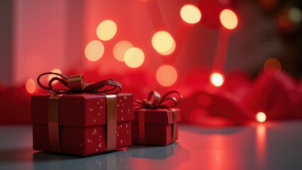 Colorful red lights bokeh background, Cute red gift boxes on the table with Chrismas lights bokeh
