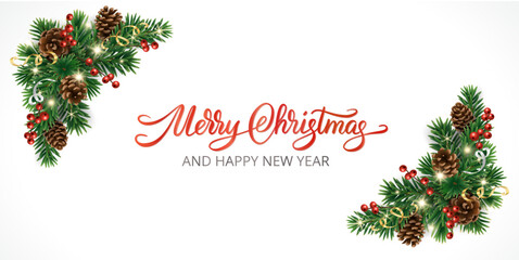 Christmas corner garland frame with pine cones, red berries, ribbons, and glowing lights. Elegant calligraphy Merry Christmas lettering. Realistic festive vector design.