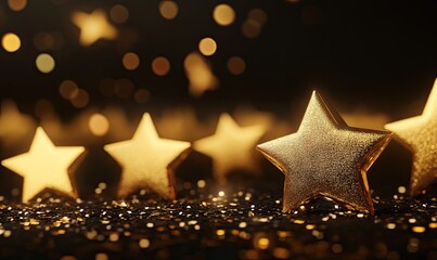 A row of gold stars floating in the air, 3D rendering, black background