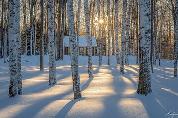A serene winter forest scene at sunrise, with tall trees covered in snow and the sun casting long shadows through them