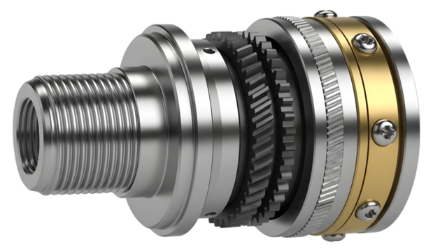 Detailed metallic mechanical assembly with gears and gold accent ring isolated on a transparent background