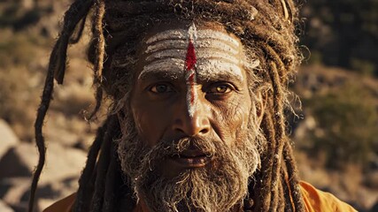 Indian Sadhu Portrait with Intense Gaze - This close-up shot captures an Indian sadhu with striking dreadlocks and traditional face paint. The sadhu's intense gaze conveys wisdom and spirituality.