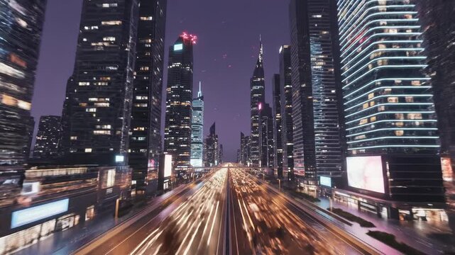 Motion blur view down a futuristic city highway at night with tall skyscraper building facade and bright light trail from fast moving traffic